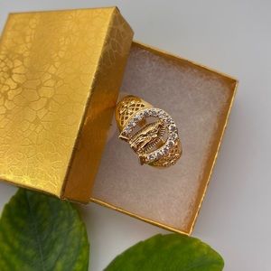 Large 18mm Virgin Mary CZ Horseshoe Ring - 14k Gold Plated Men's Ring With Microfiber Cloth